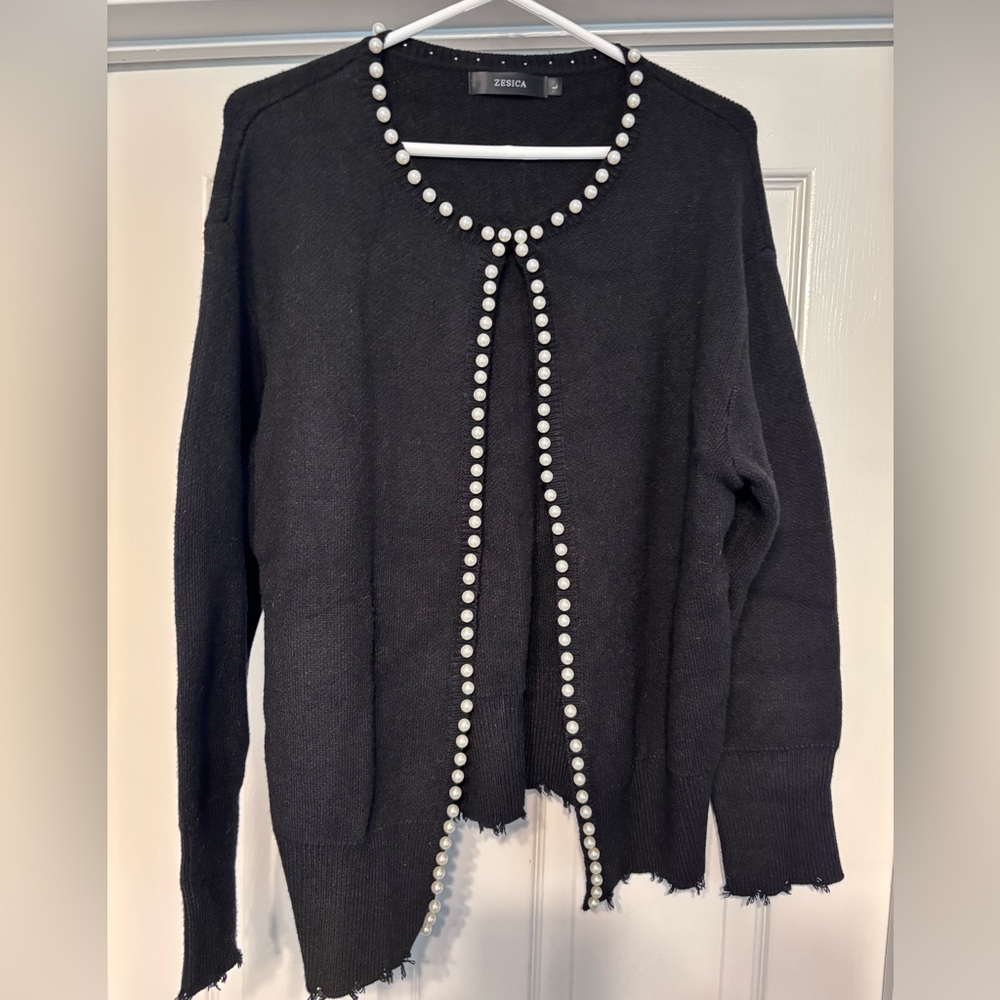 Black Pearl-Trim Knit Sweater